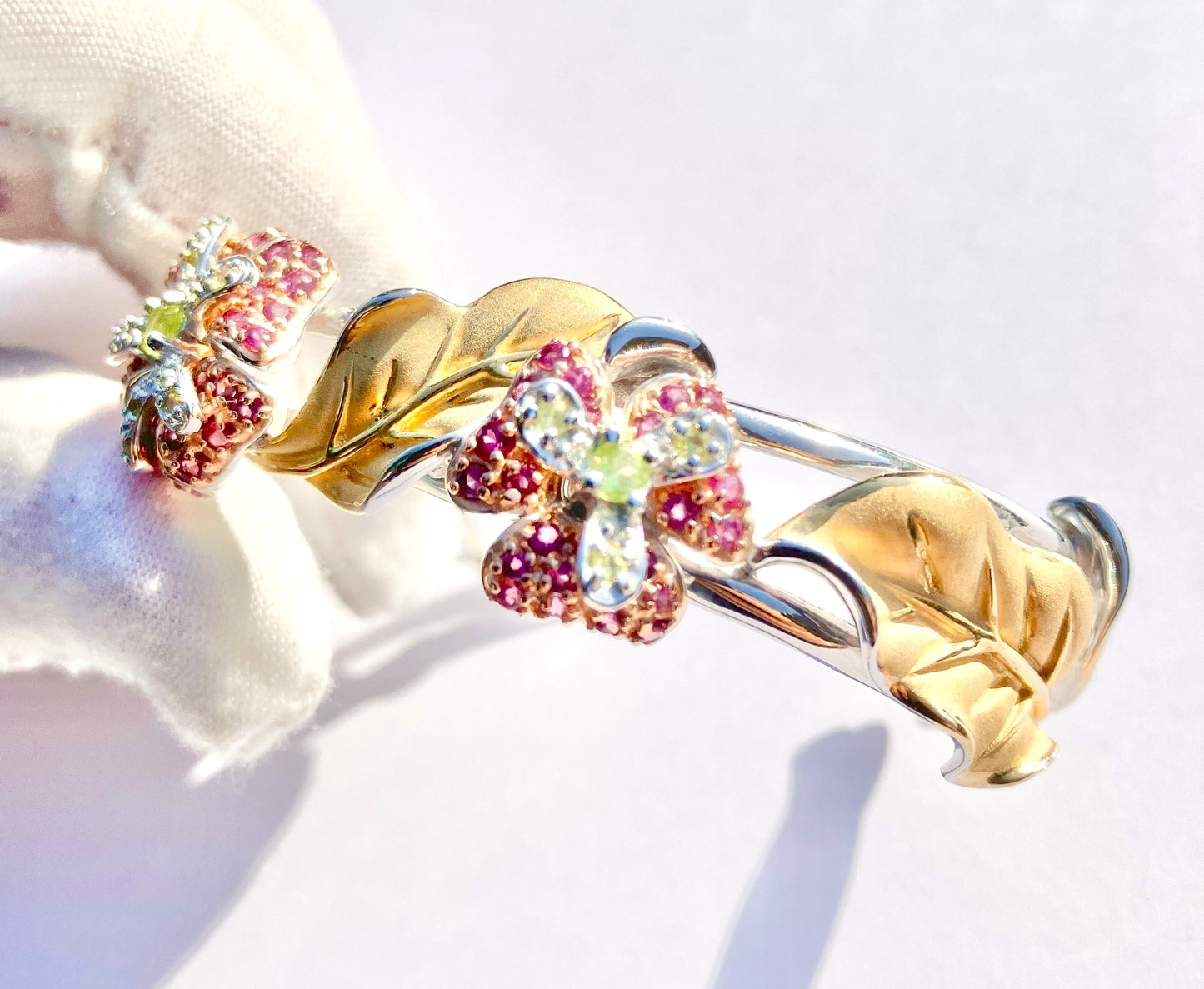 Gold Plated Rhodolite Garnet and Peridot Flowers and Gold Plated Leaves Bangle
