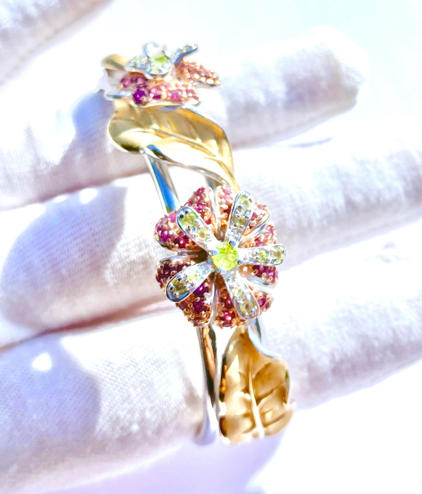 Gold Plated Rhodolite Garnet and Peridot Flowers and Gold Plated Leaves Bangle