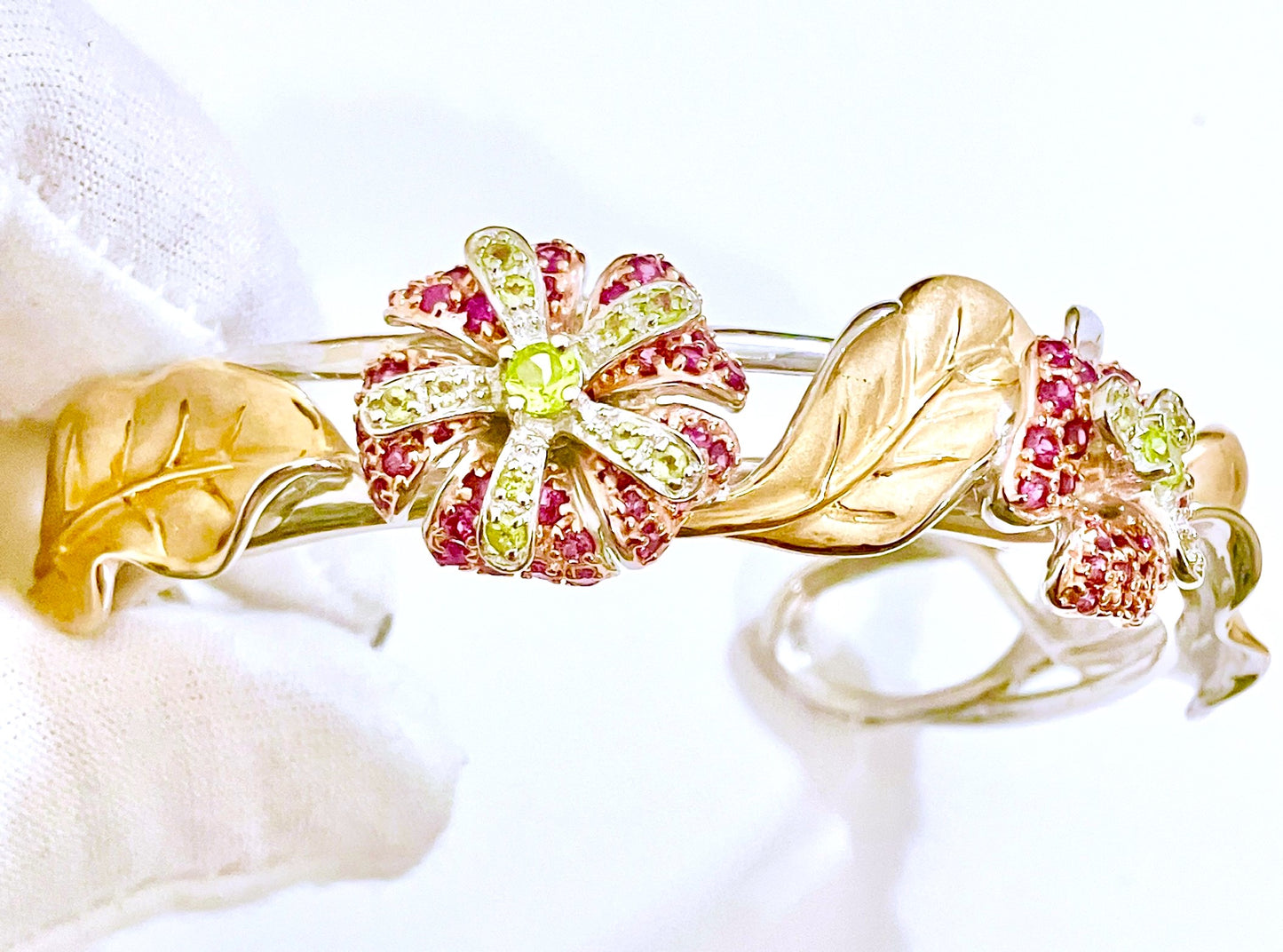 Gold Plated Rhodolite Garnet and Peridot Flowers and Gold Plated Leaves Bangle