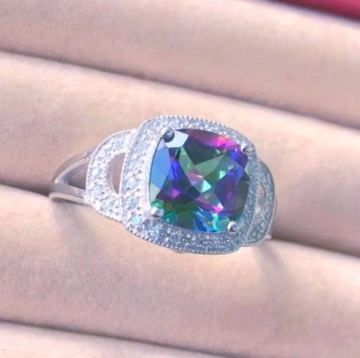 Cushion Cut Mystic Topaz in White Topaz Step Halos Ring