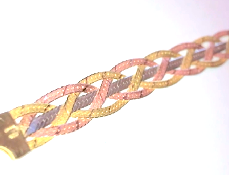 Tri-Color Woven Herringbone Bracelet with Mid Strand and Gold Washed Clasp