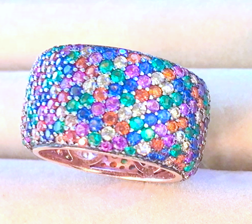 Rose Gold Plated Pavé Rainbow Multi Gemstone Eternity Ring