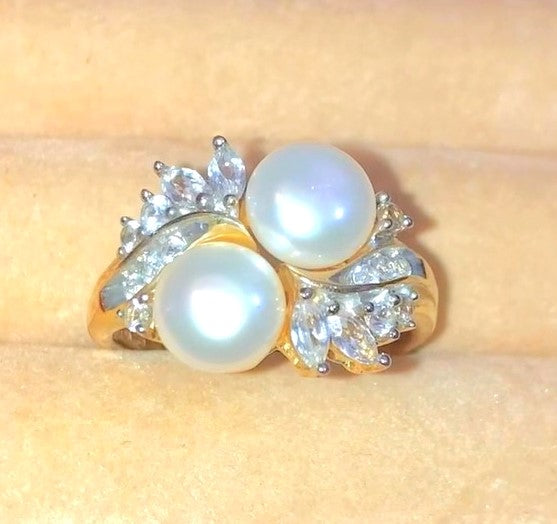 Gold Plated Pearl and "Diamond" Ring