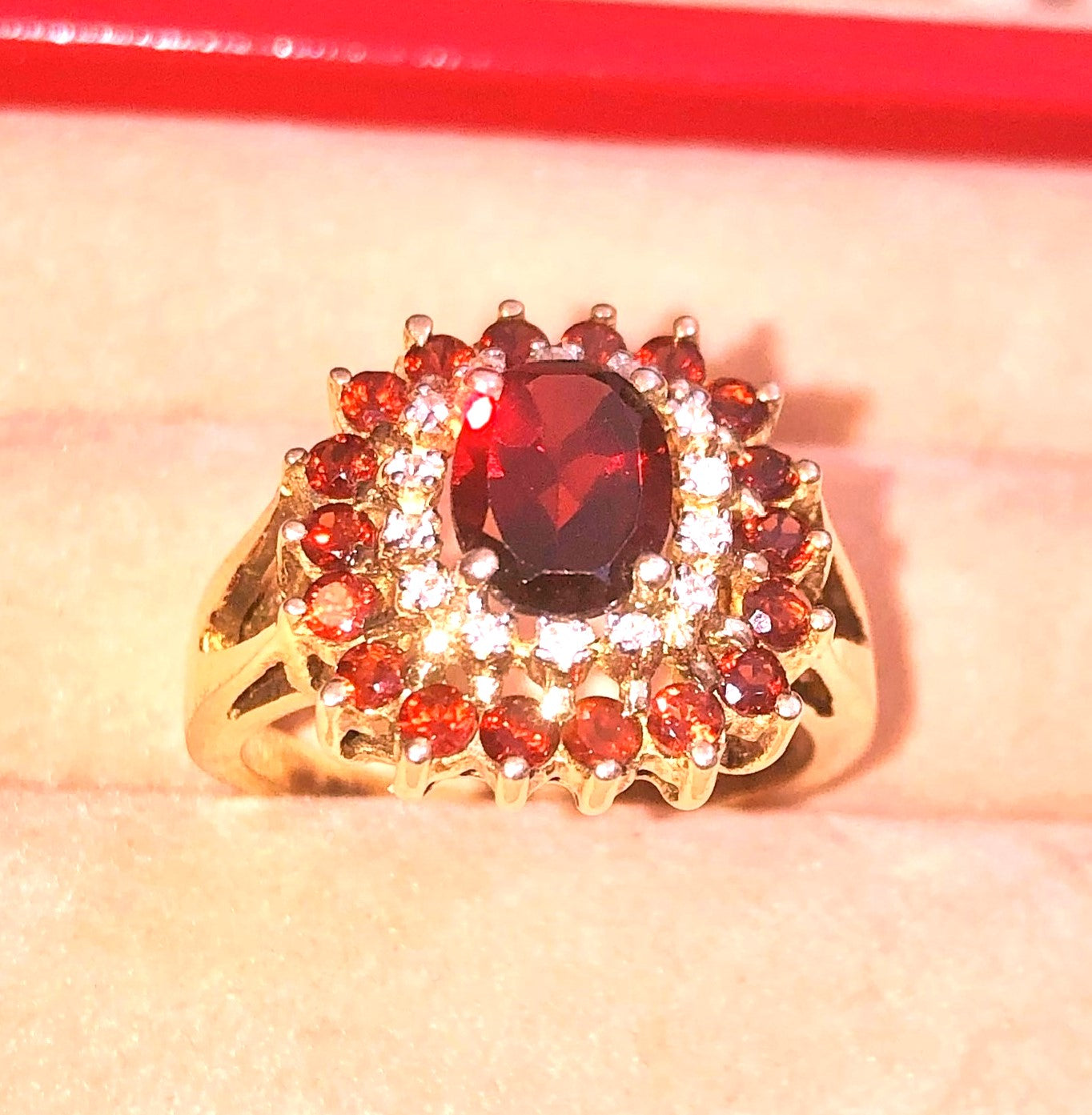 Gold Plated Oval Cut Garnet in "Diamond" and Garnet Halos