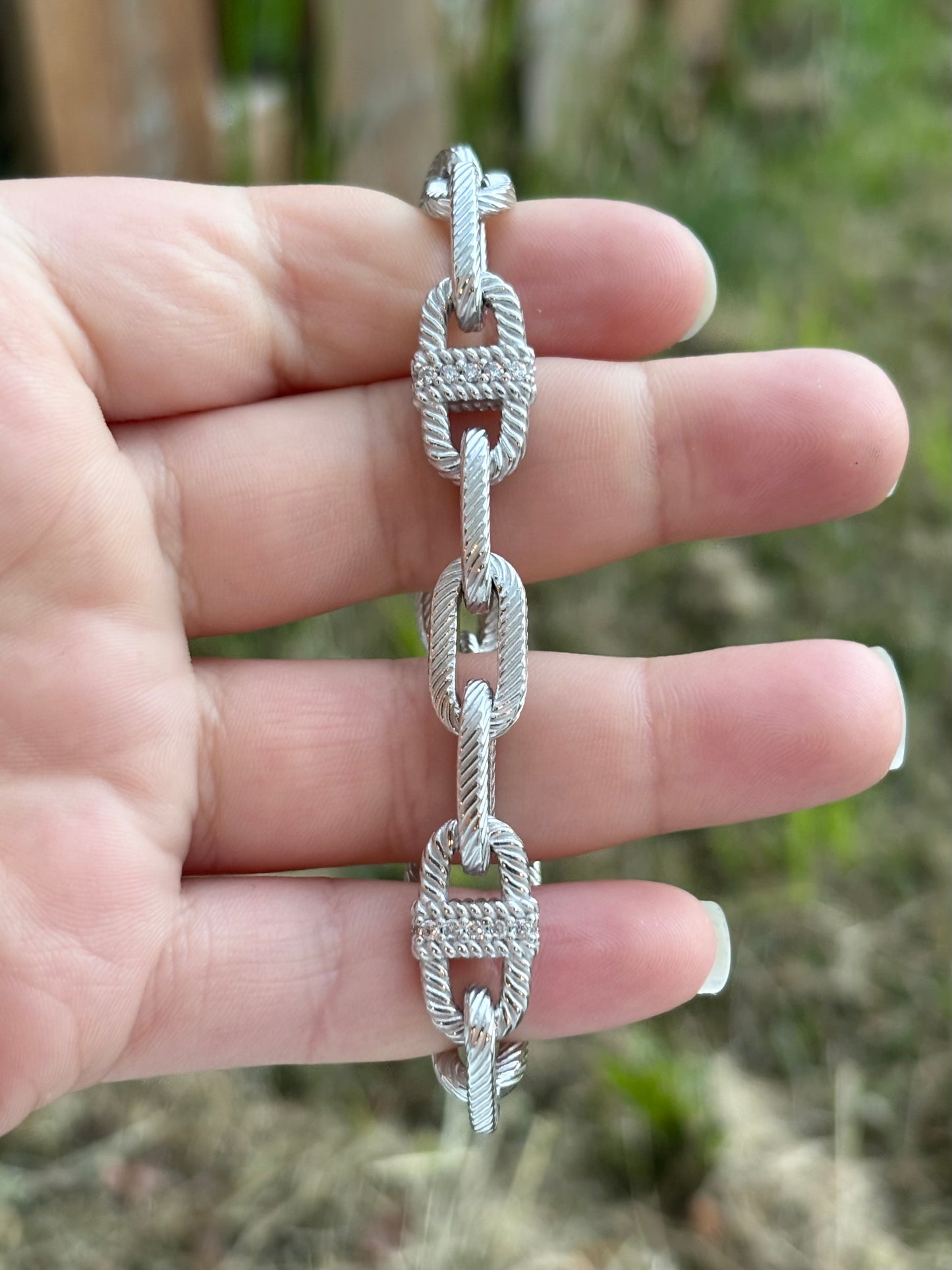Judith Ripka Elongated Textured Diamonique Cable Link Bracelet
