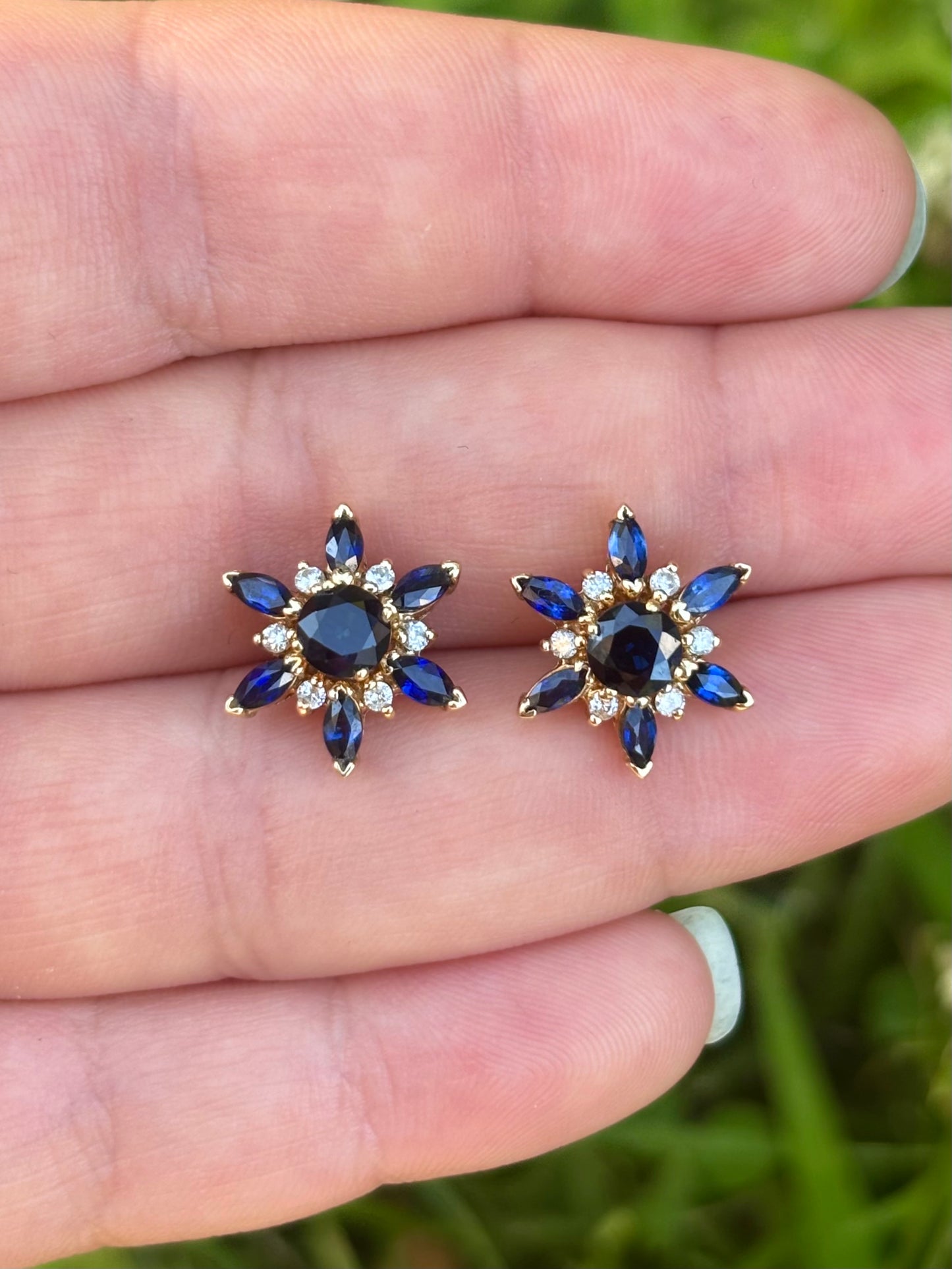 18K Gold Velvety Blue Sapphire Stud Earrings with 14K Diamond & Sapphire Removable Halo Jackets