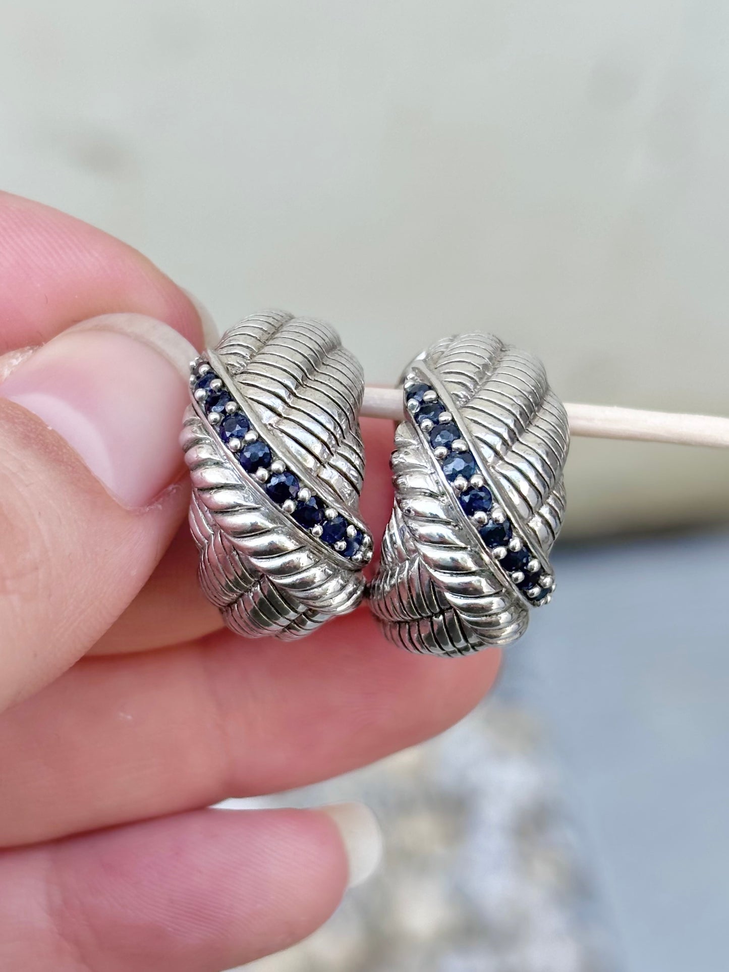 Judith Ripka Sterling Silver Natural Sapphire Ring & Matching Omega Back Earrings Set – Approx. 1.00 CTW