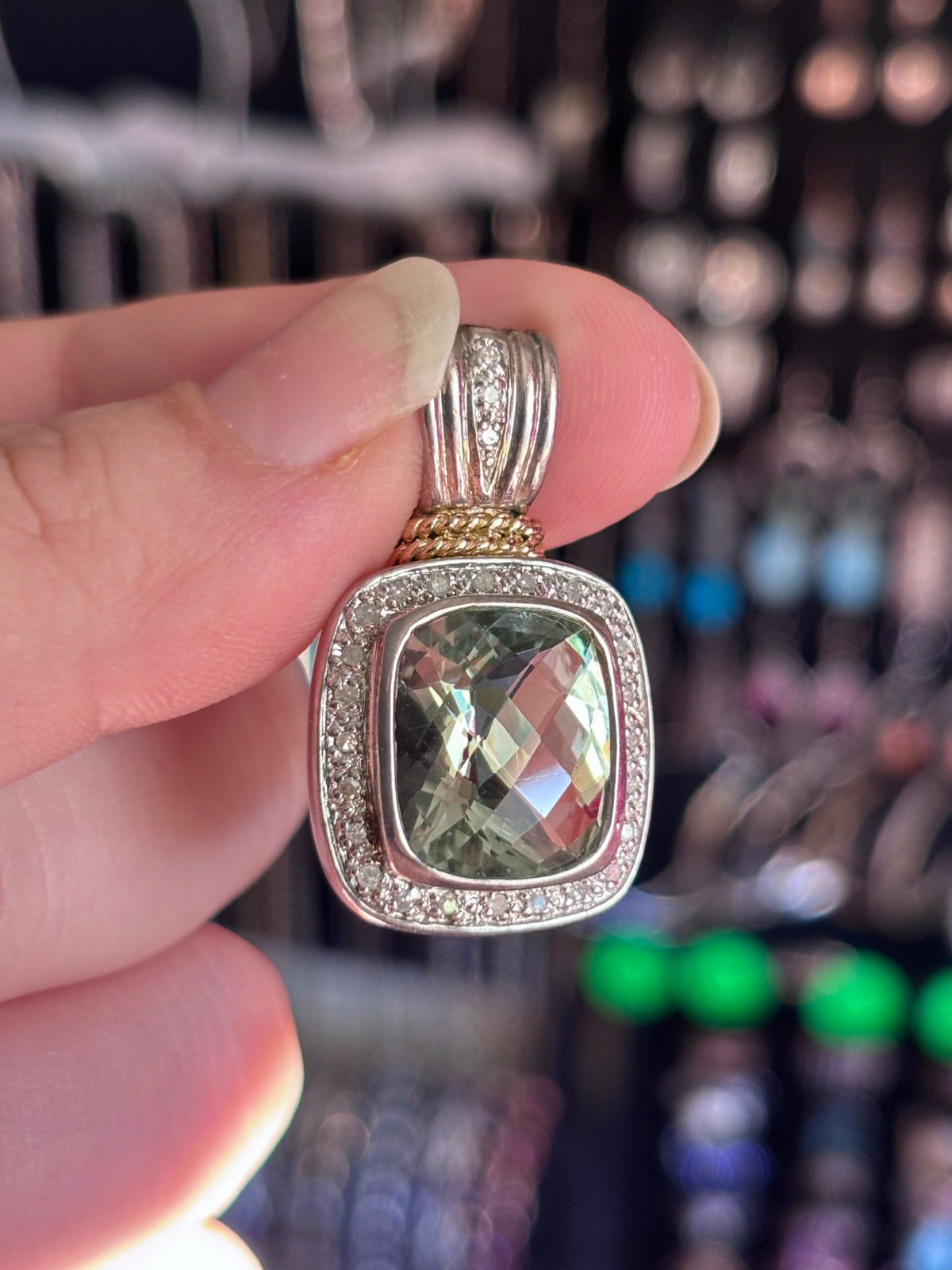 Sterling Silver & 14K Gold Prasiolite and Diamond Halo Pendant - Chain Not Included