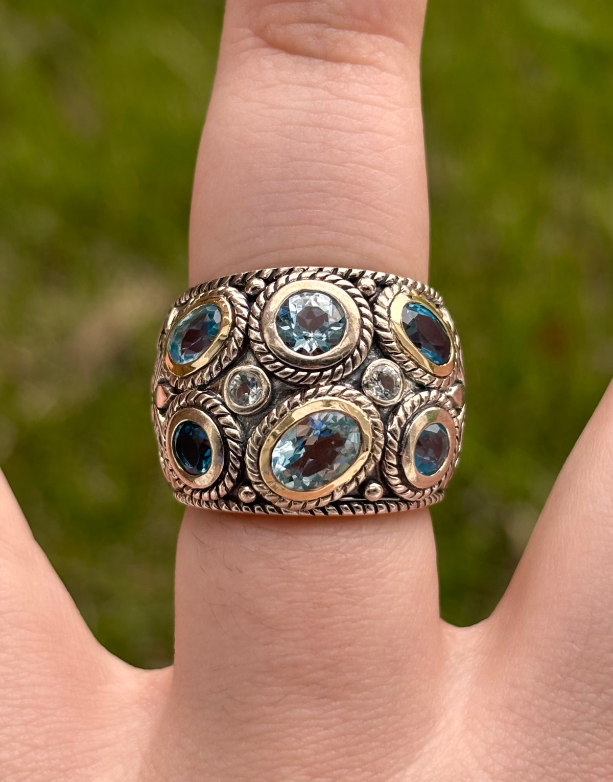 Curata 14K Gold & Sterling Silver Multi Blue Topaz Wide Band Ring