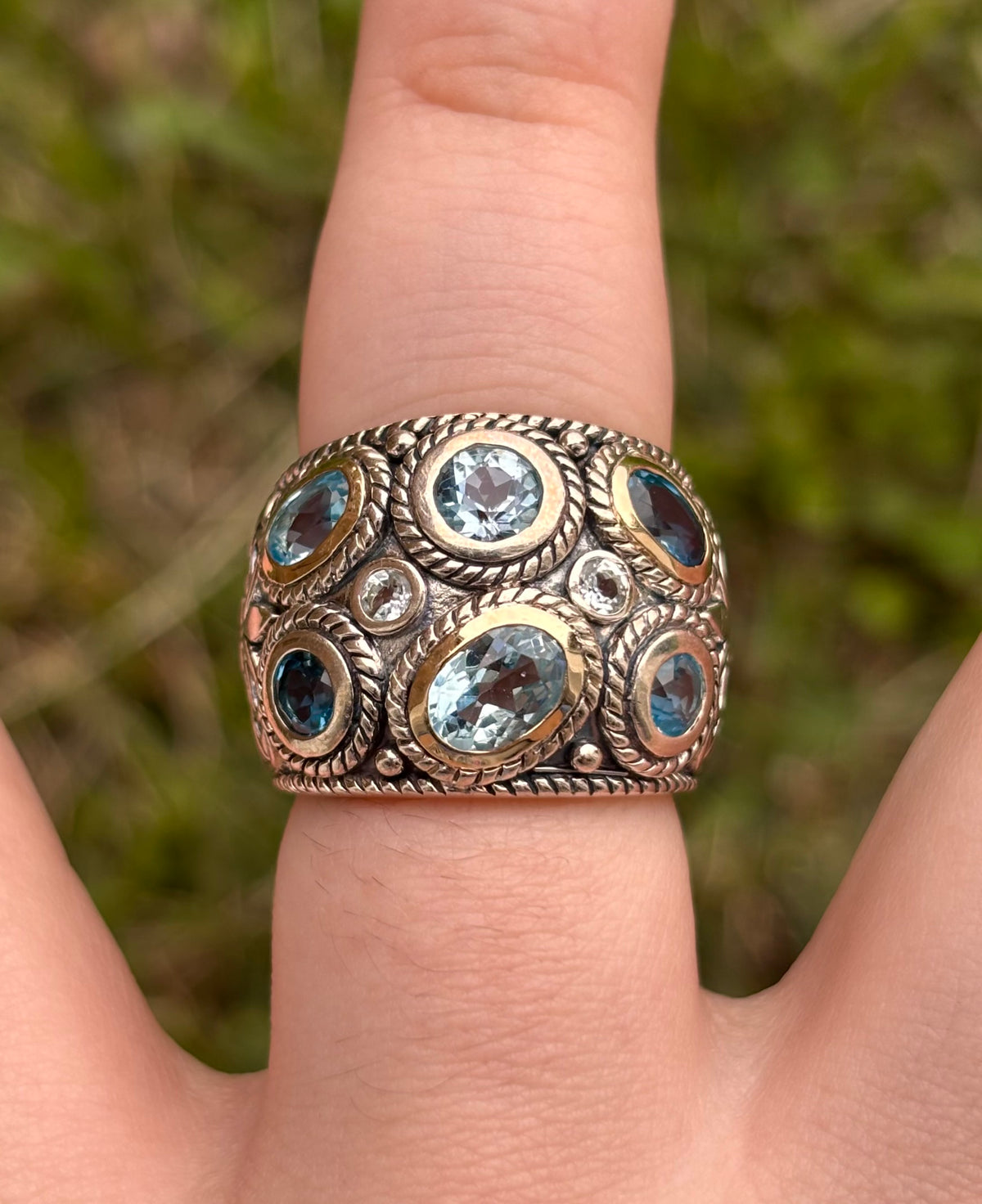Curata 14K Gold & Sterling Silver Multi Blue Topaz Wide Band Ring