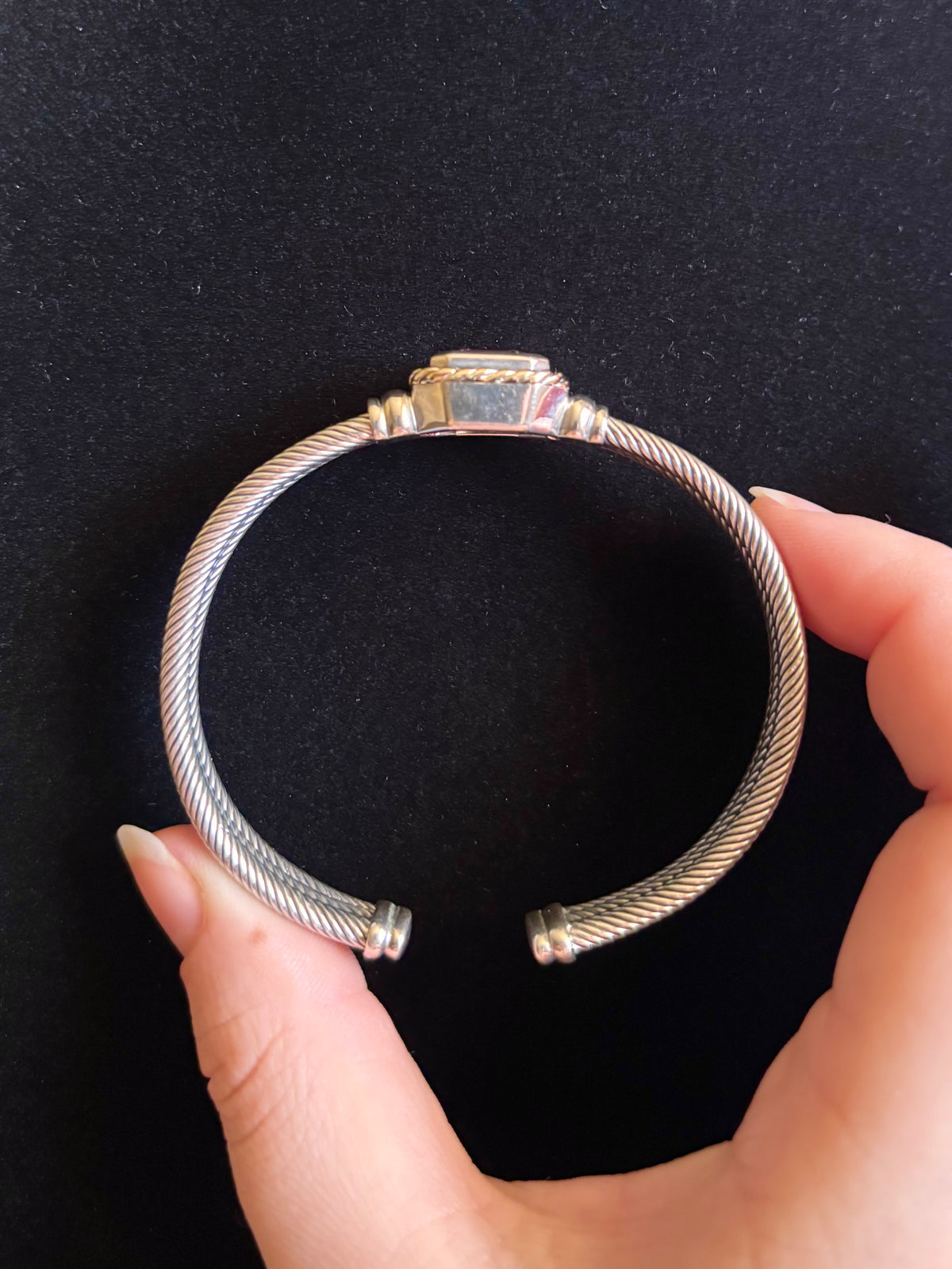 Sterling Silver & Solid 14K Gold Emerald Cut Amethyst Triple Cable Cuff Bracelet