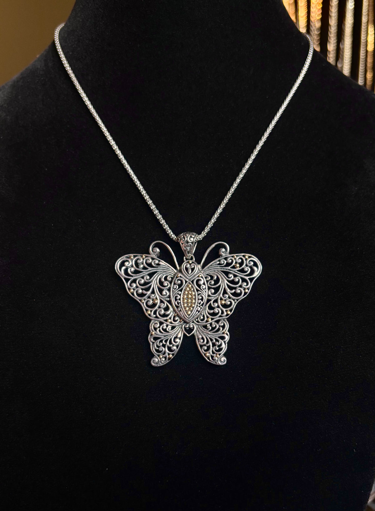 Sterling Silver & 14K Gold Filigree Butterfly Pendant Necklace