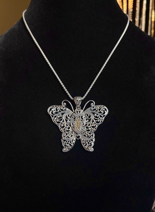 Sterling Silver & 14K Gold Filigree Butterfly Pendant Necklace