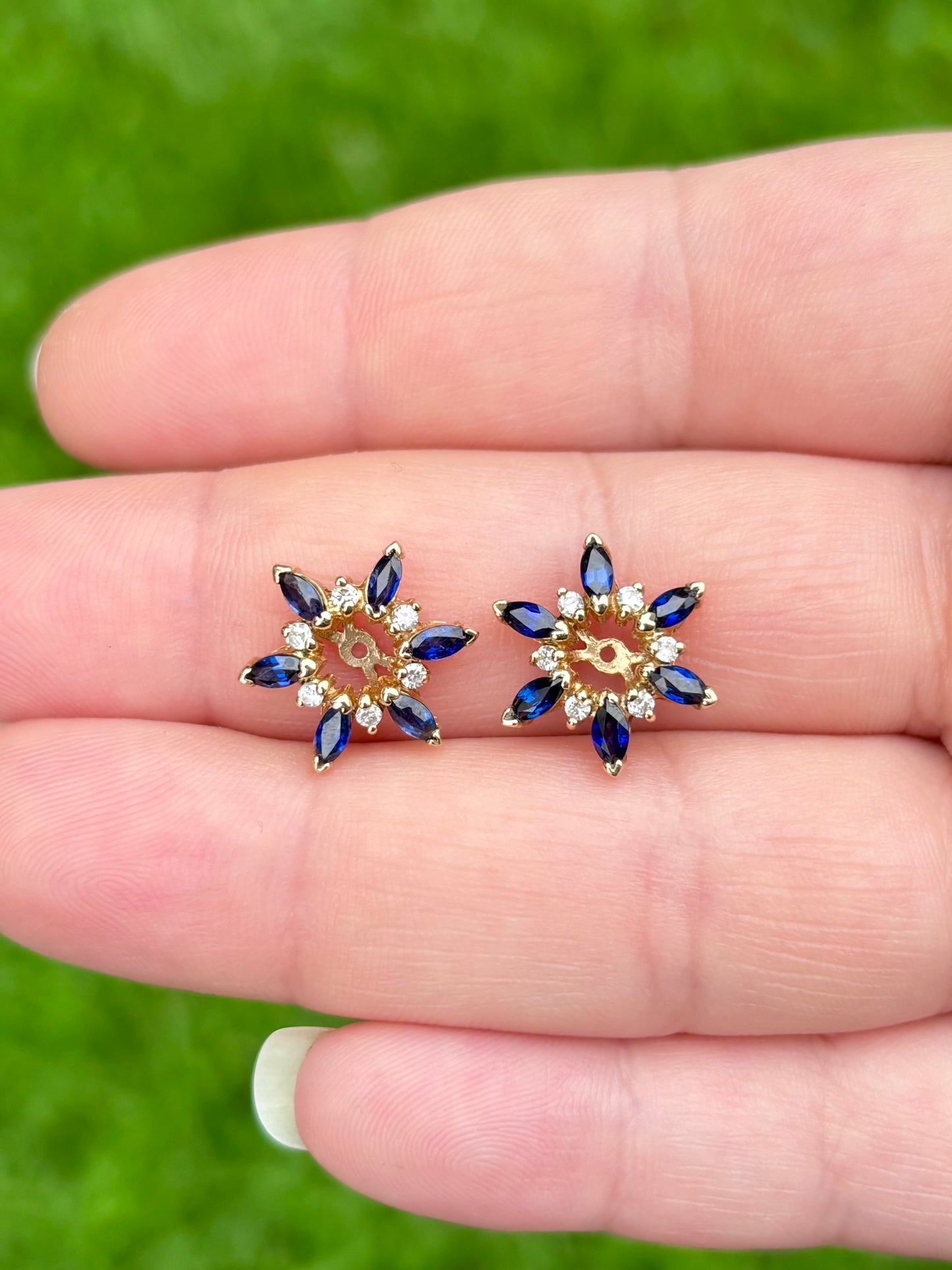 18K Gold Velvety Blue Sapphire Stud Earrings with 14K Diamond & Sapphire Removable Halo Jackets