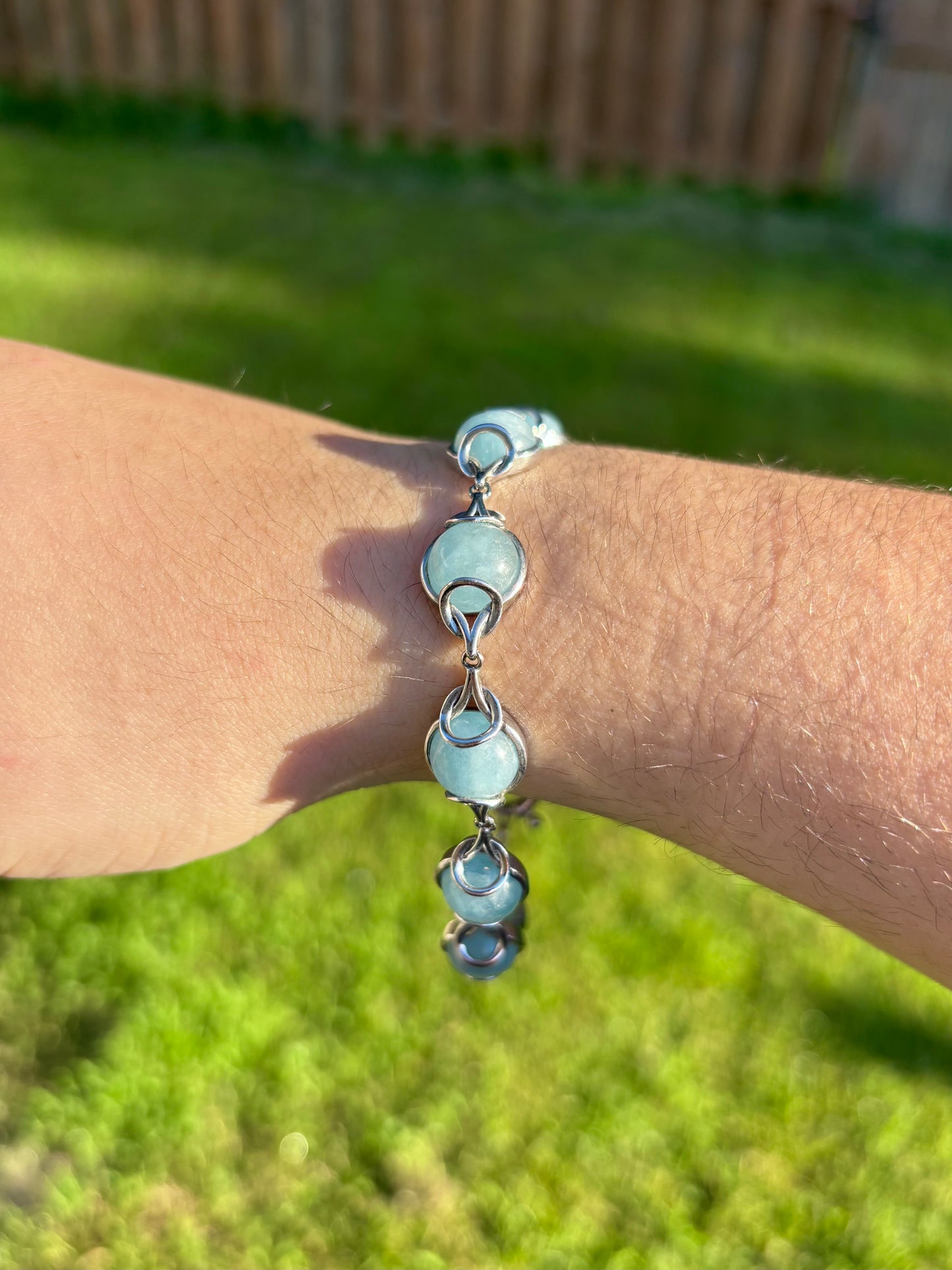 Vintage Sterling Silver Cabochon Aquamarine Bracelet