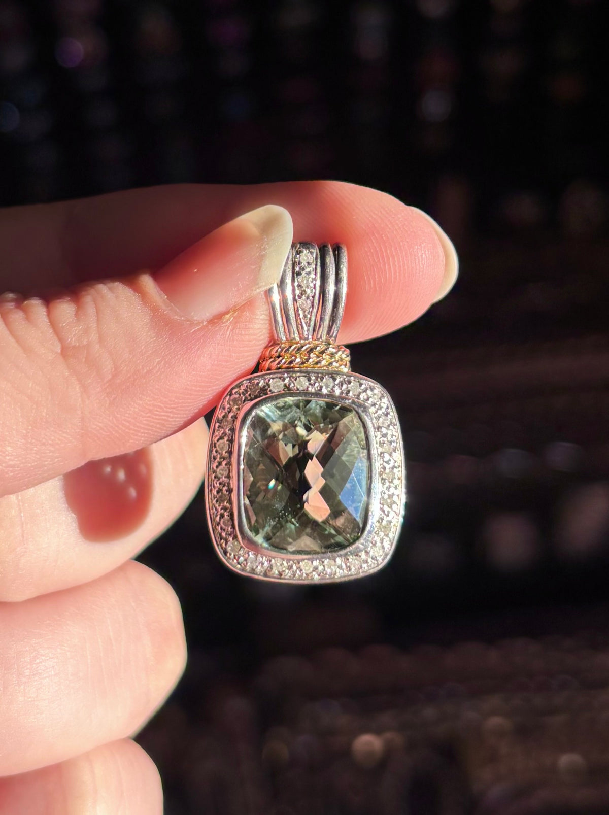Sterling Silver & 14K Gold Prasiolite and Diamond Halo Pendant - Chain Not Included