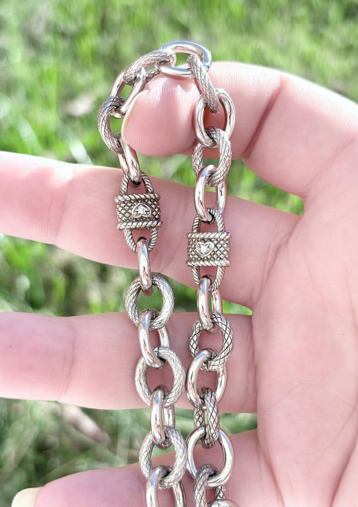 Judith Ripka Sterling Silver Heart & Rope Textured Oval Link Bracelet
