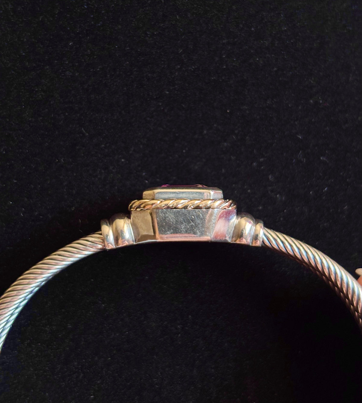 Sterling Silver & Solid 14K Gold Emerald Cut Amethyst Triple Cable Cuff Bracelet