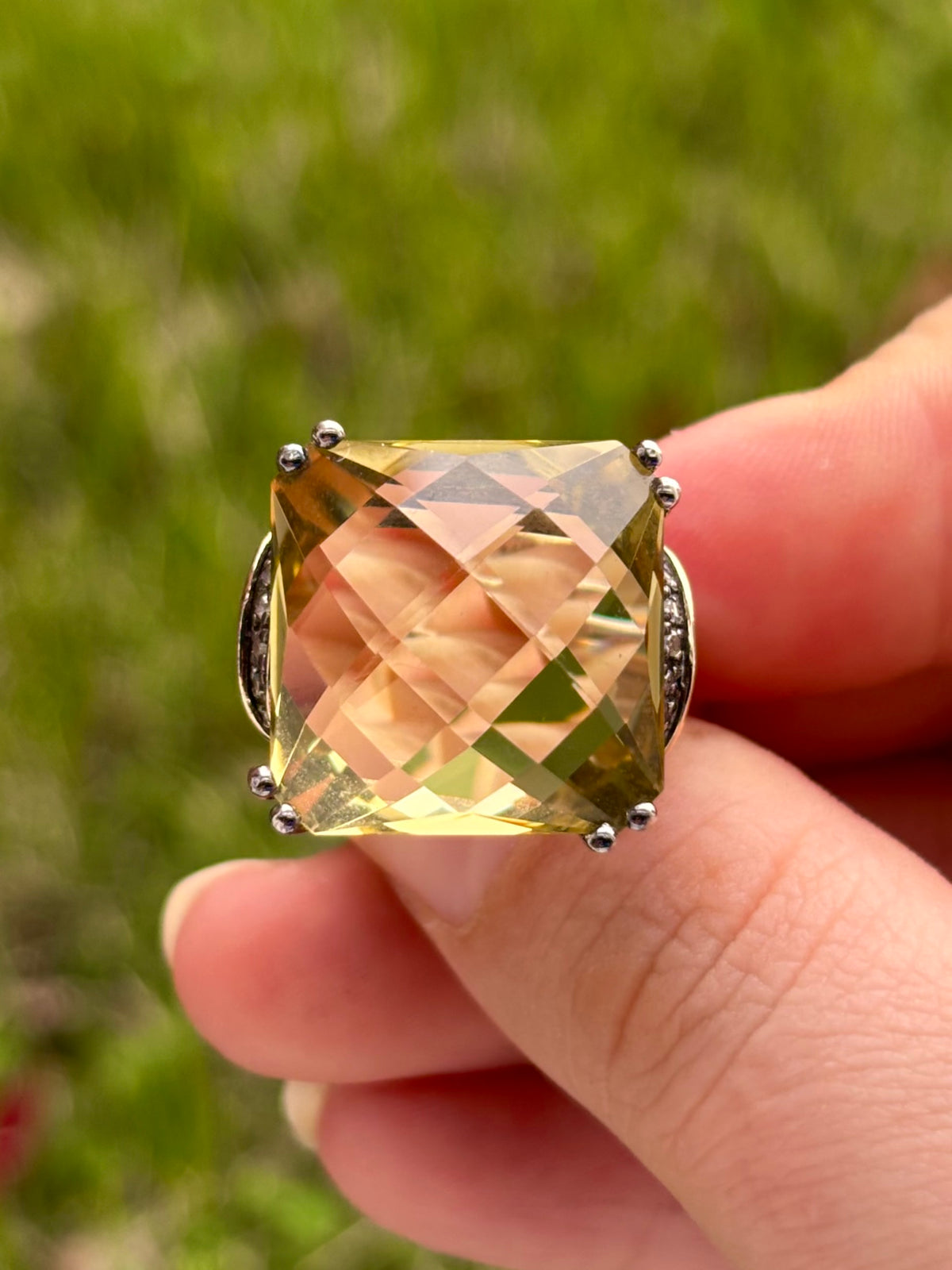 14K Gold & Sterling Silver Lemon Quartz & Diamond Statement Ring