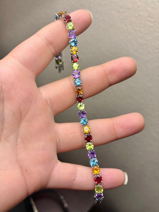 Vivid Natural Gemstone Round Brilliant Tennis Bracelet