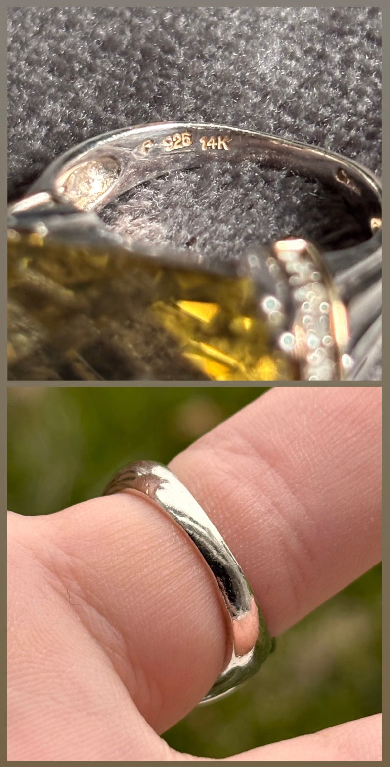 14K Gold & Sterling Silver Lemon Quartz & Diamond Statement Ring