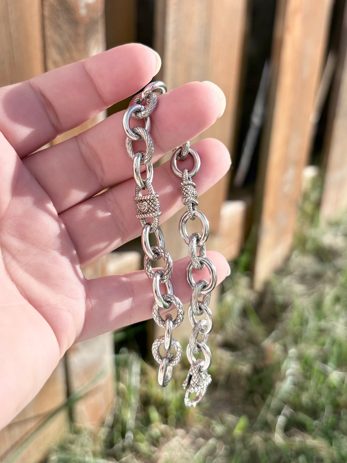 Judith Ripka Sterling Silver Heart & Rope Textured Oval Link Bracelet