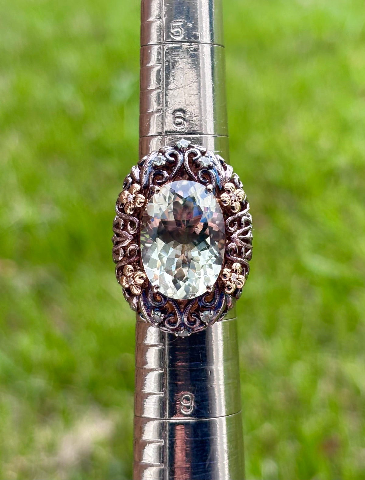 Weinman Brothers 14K Gold & Sterling Silver Prasiolite Diamond Filigree Ring