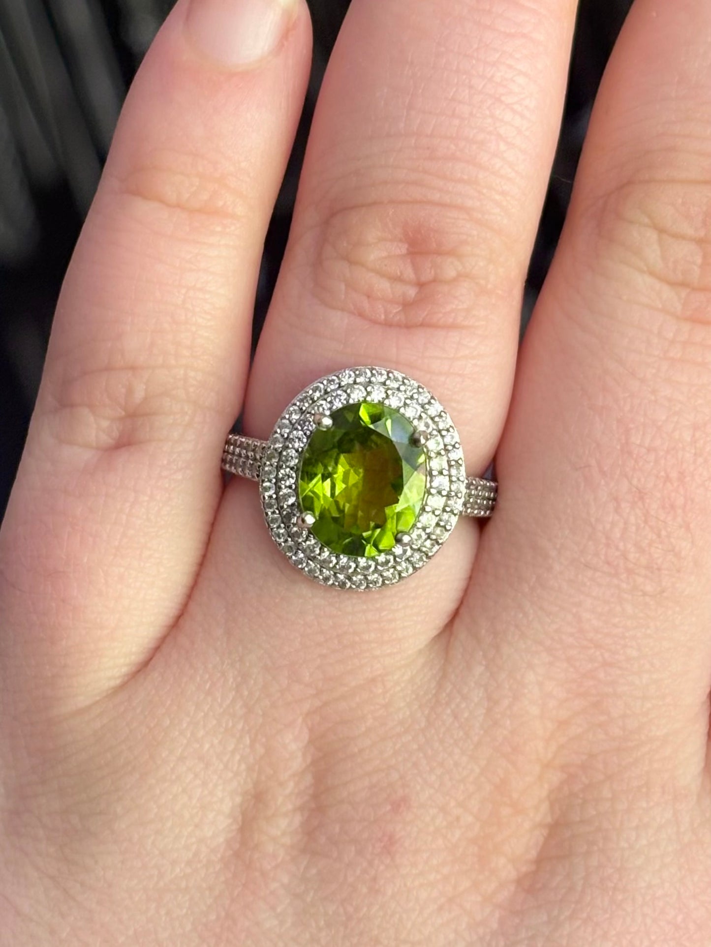 Oval Peridot in Double Halo Ring