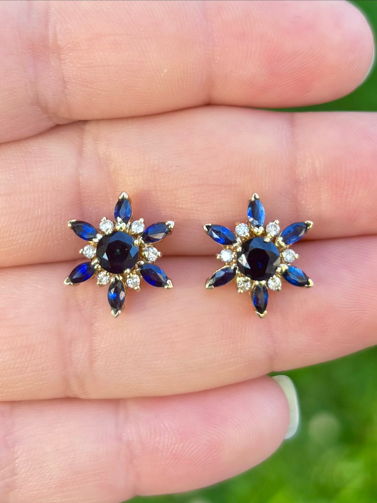 18K Gold Velvety Blue Sapphire Stud Earrings with 14K Diamond & Sapphire Removable Halo Jackets