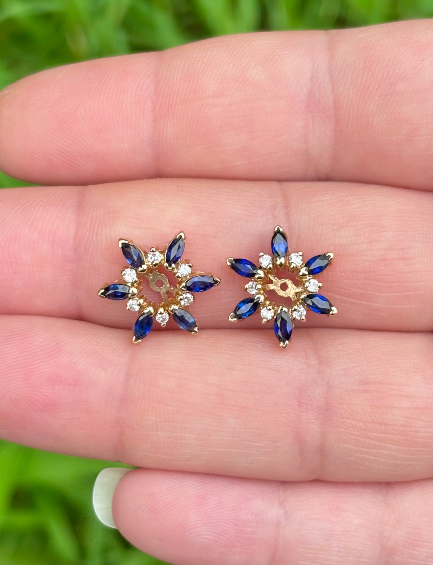 18K Gold Velvety Blue Sapphire Stud Earrings with 14K Diamond & Sapphire Removable Halo Jackets