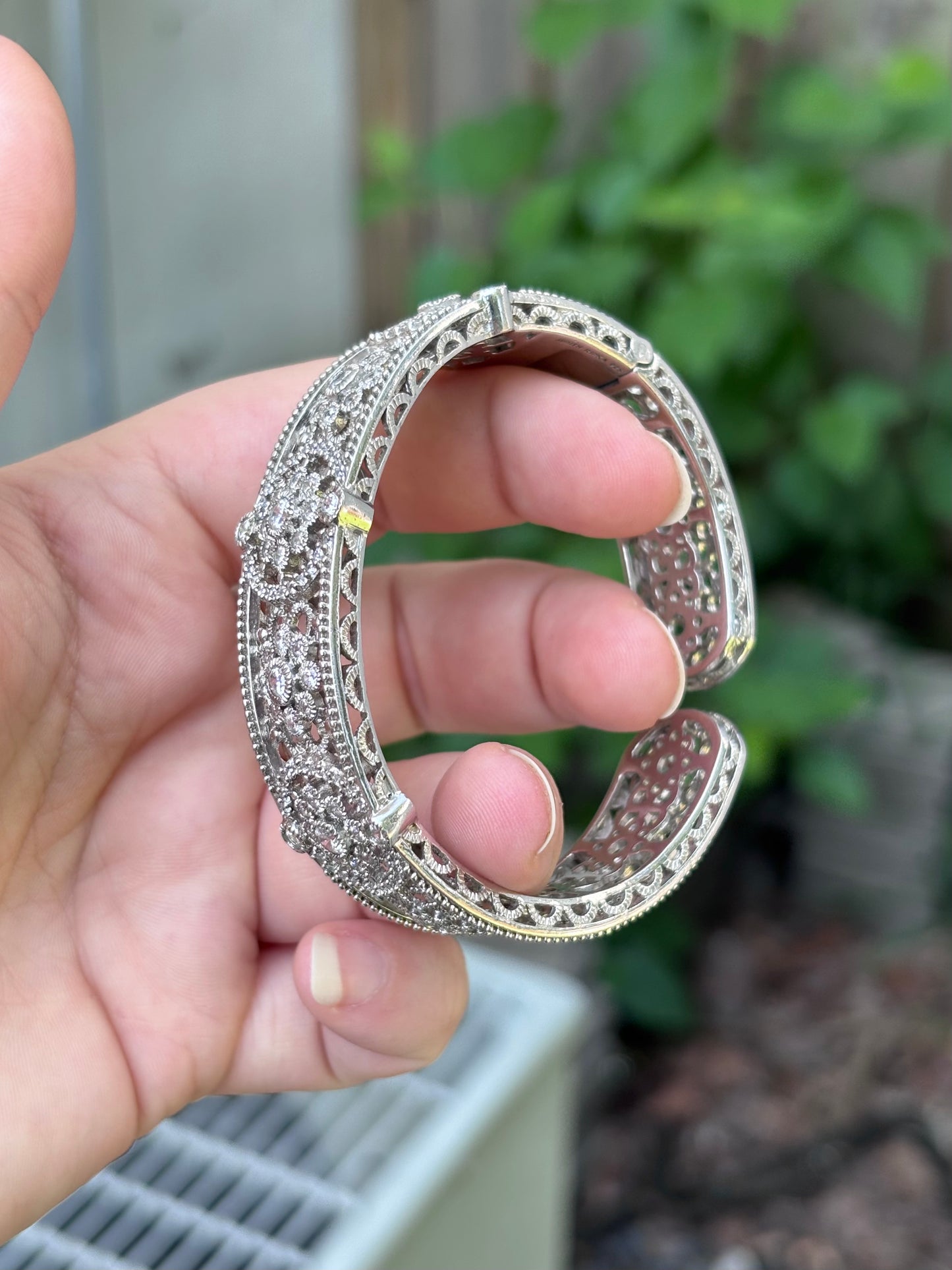 Judith Ripka Sterling Silver Diamonique Floral Filigree Hinged Cuff Bangle Bracelet