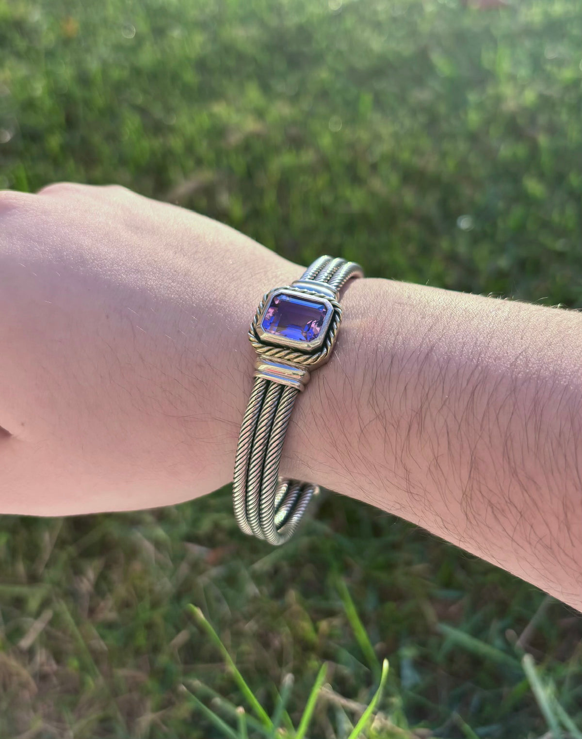 Sterling Silver & Solid 14K Gold Emerald Cut Amethyst Triple Cable Cuff Bracelet