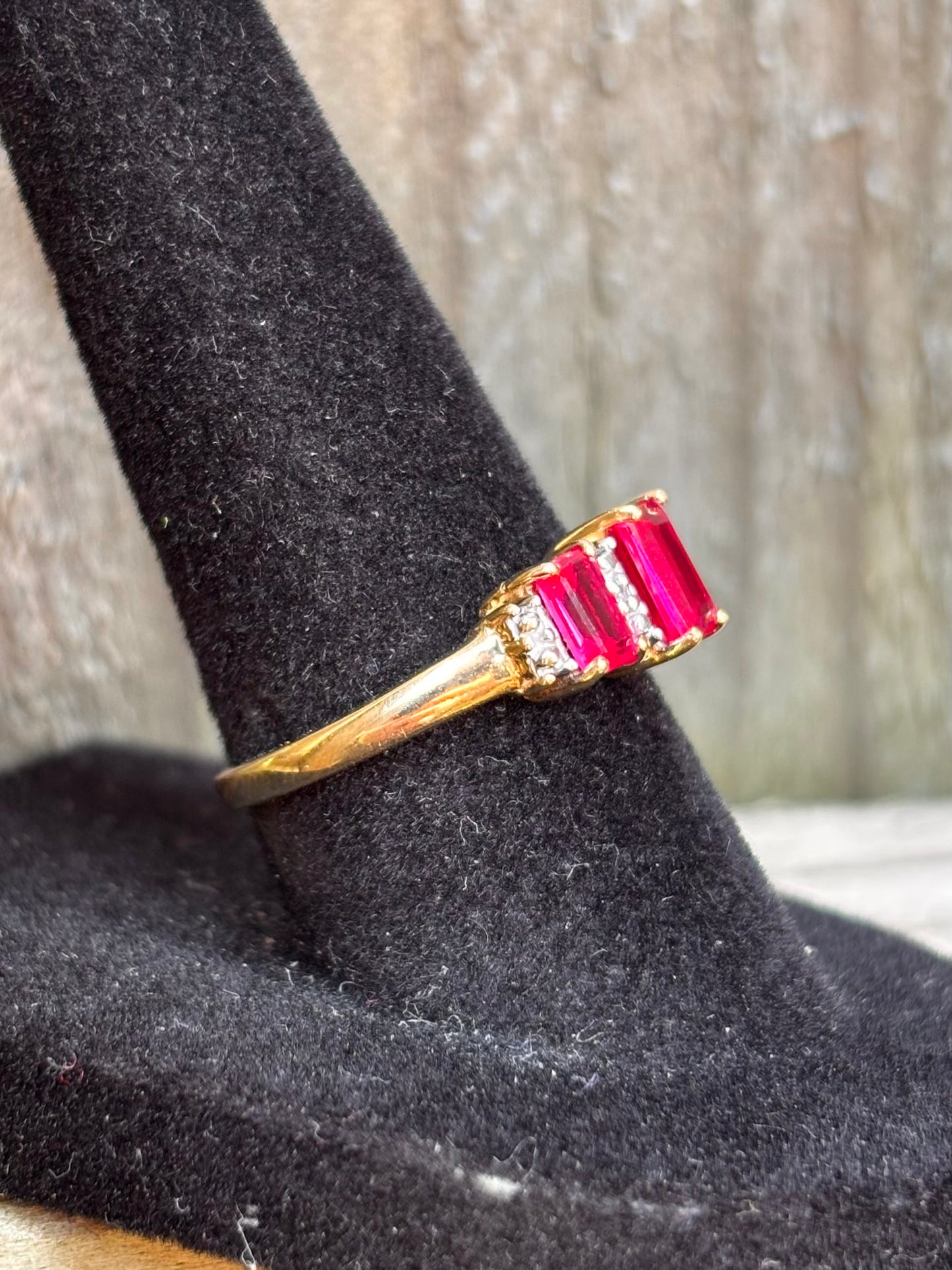 10k Emerald Cut Lab Rubies with Natural Diamond Accents Ring