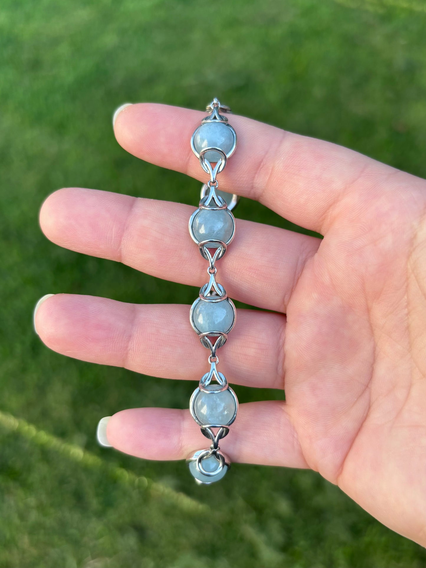 Vintage Sterling Silver Cabochon Aquamarine Bracelet