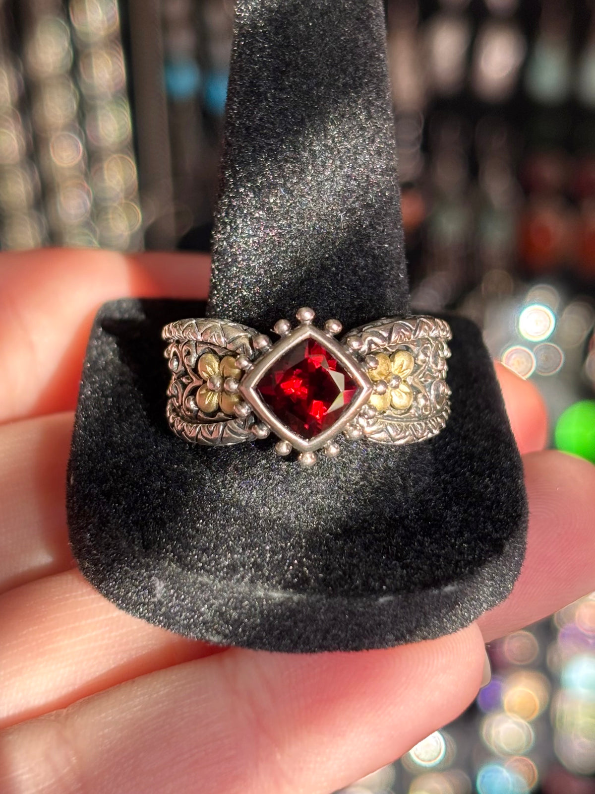 Barbara Bixby Garnet 18K Gold & Sterling Silver Floral Ring Size 10