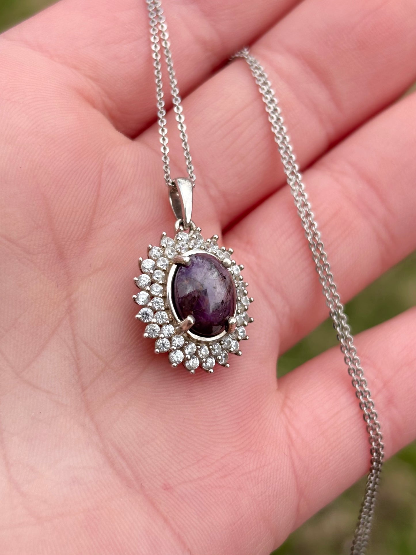 Oval Star Ruby in Halo Necklace