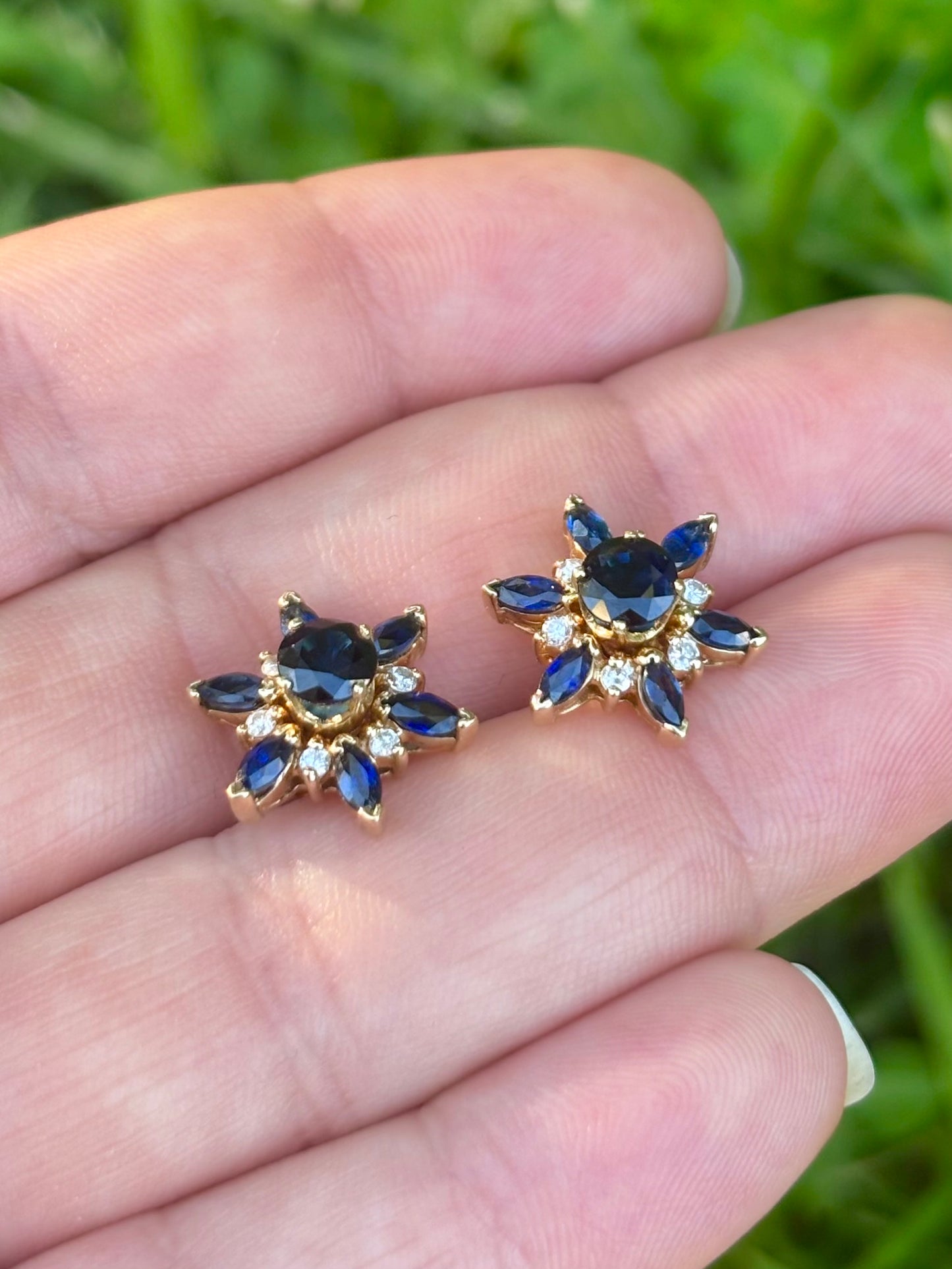 18K Gold Velvety Blue Sapphire Stud Earrings with 14K Diamond & Sapphire Removable Halo Jackets