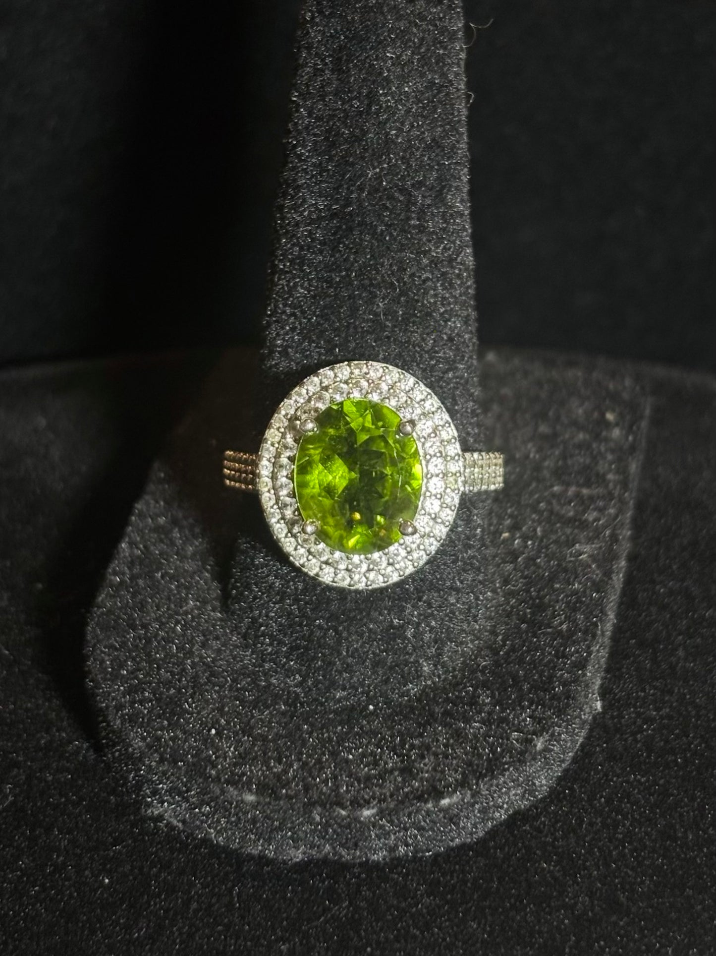 Oval Peridot in Double Halo Ring