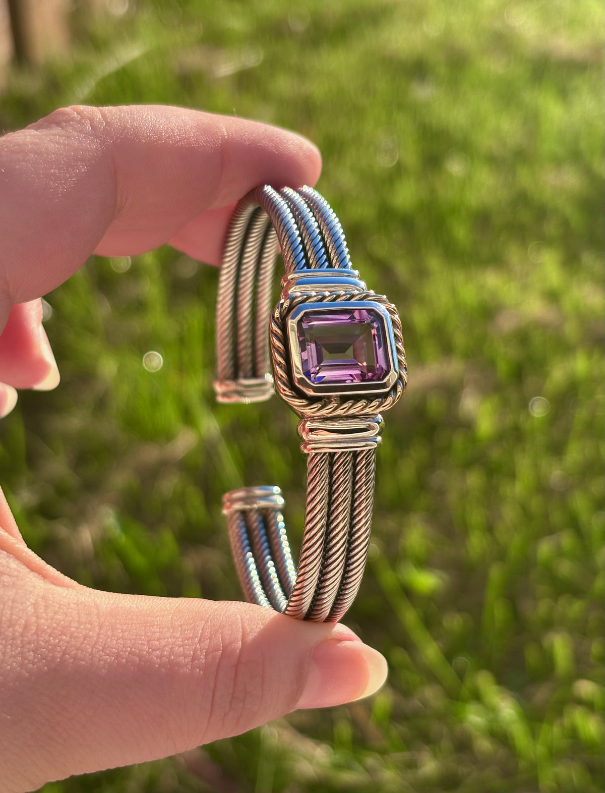 Sterling Silver & Solid 14K Gold Emerald Cut Amethyst Triple Cable Cuff Bracelet