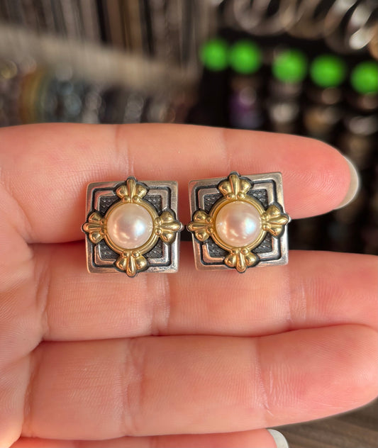 Anne King Pearl & 18K Gold Accented Leverback Stud Earrings