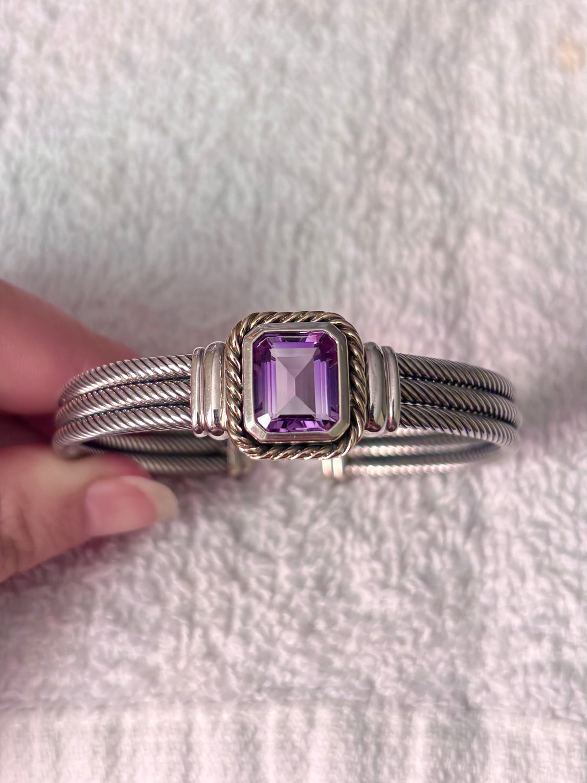 Sterling Silver & Solid 14K Gold Emerald Cut Amethyst Triple Cable Cuff Bracelet