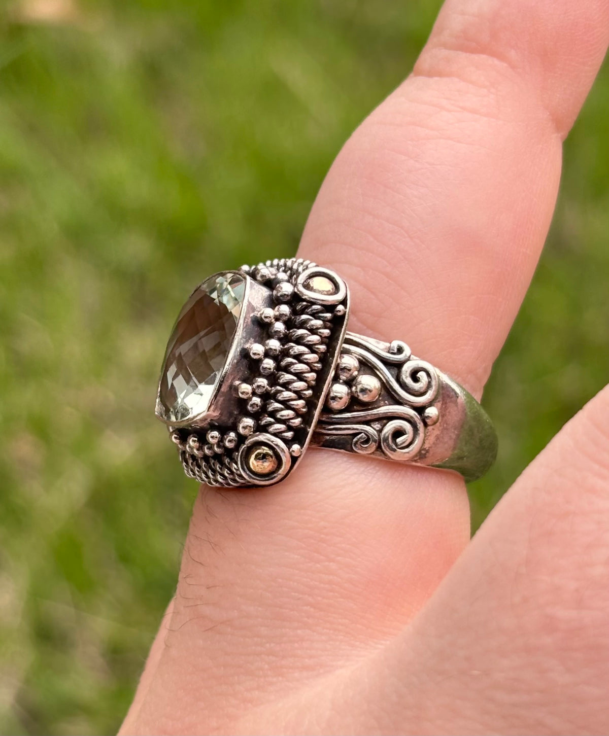 BA Suarti 18K Gold & Sterling Silver Checkerboard Cushion Prasiolite Ring
