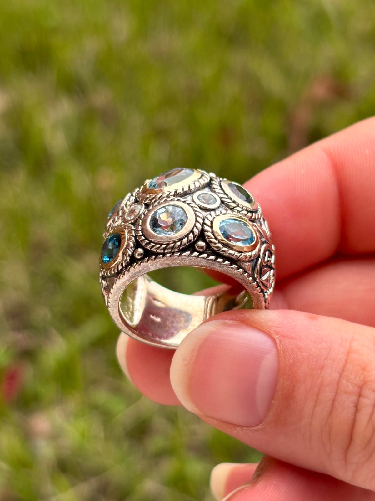 Curata 14K Gold & Sterling Silver Multi Blue Topaz Wide Band Ring
