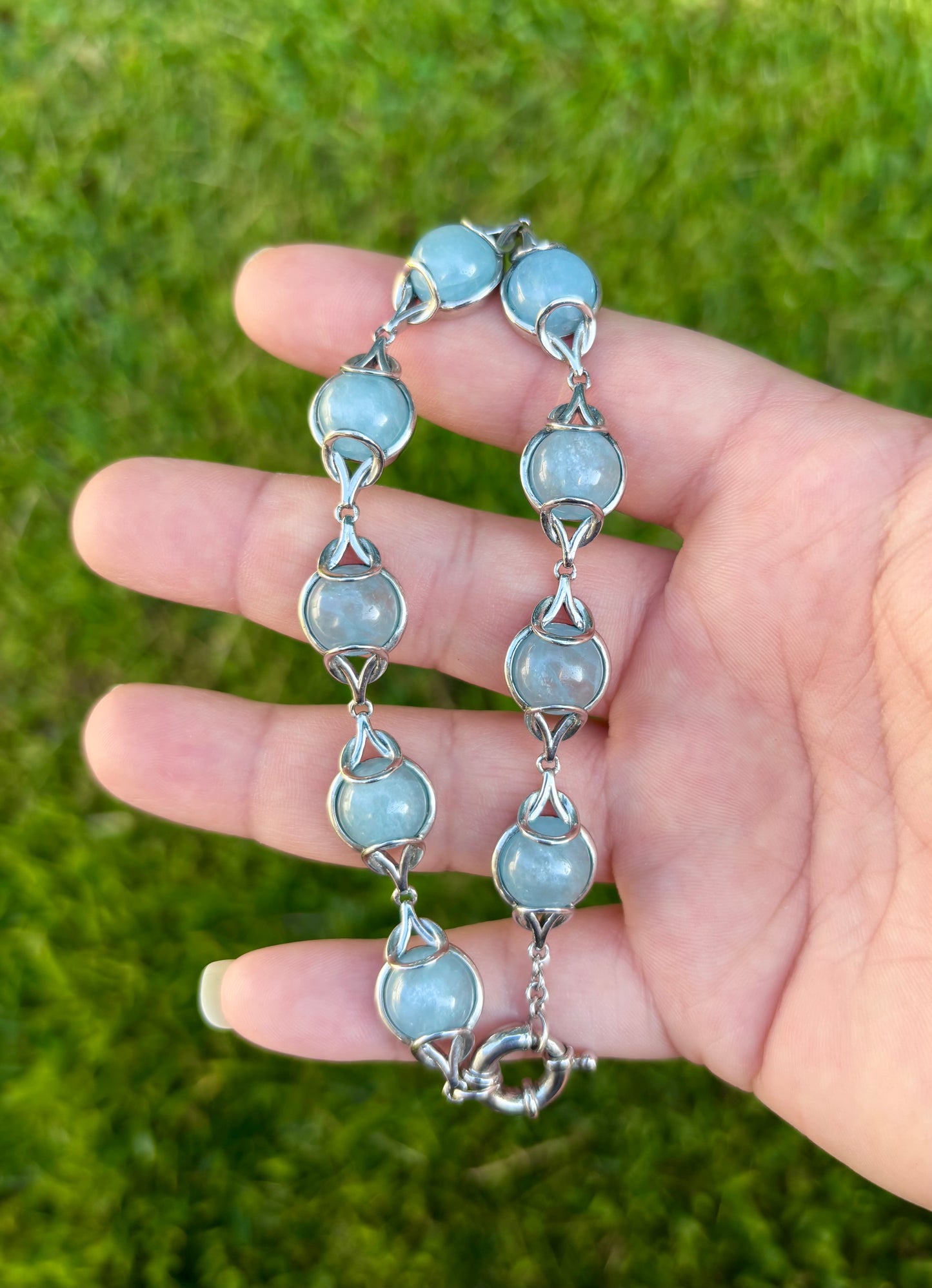 Vintage Sterling Silver Cabochon Aquamarine Bracelet