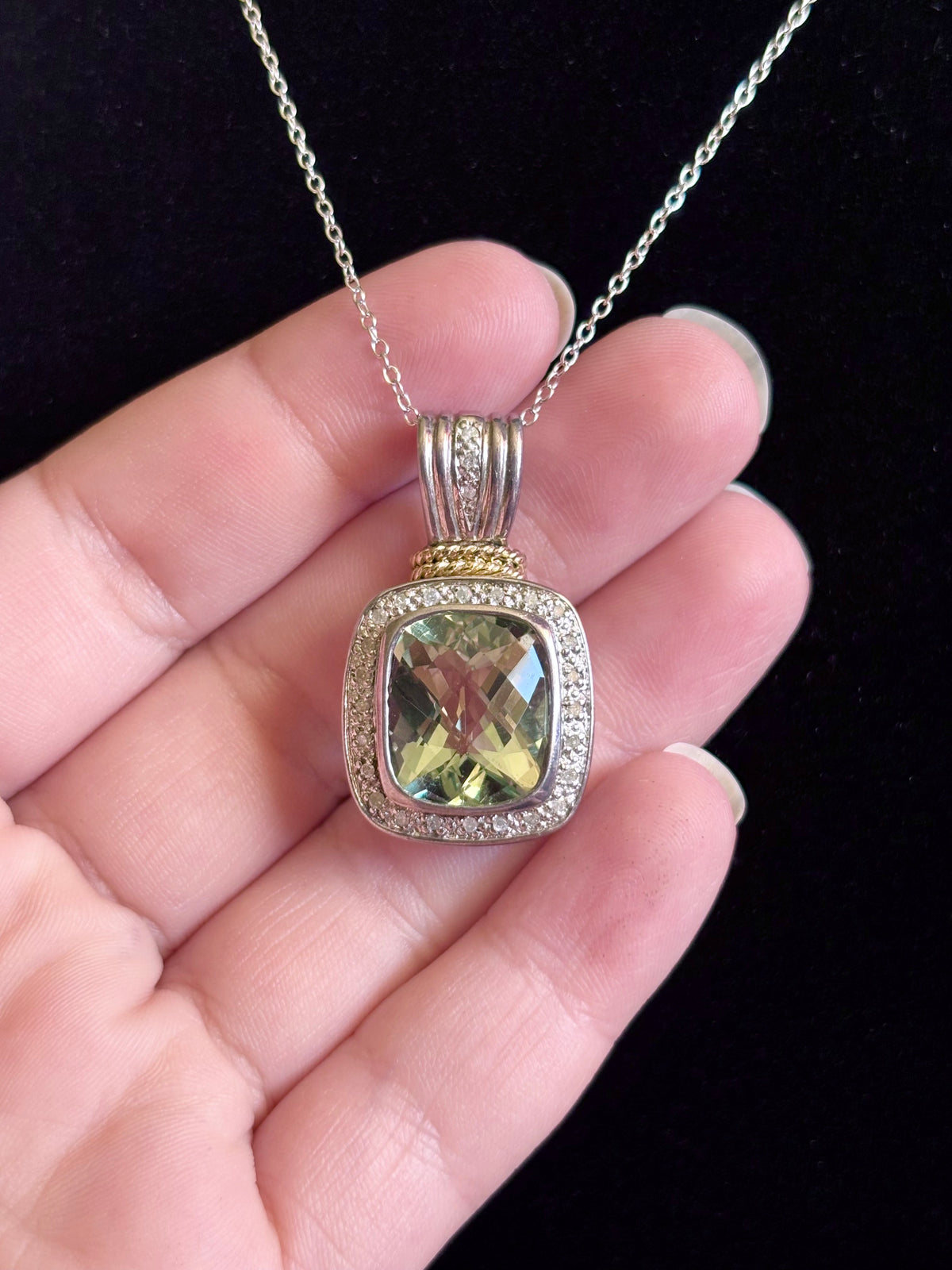 Sterling Silver & 14K Gold Prasiolite and Diamond Halo Pendant - Chain Not Included