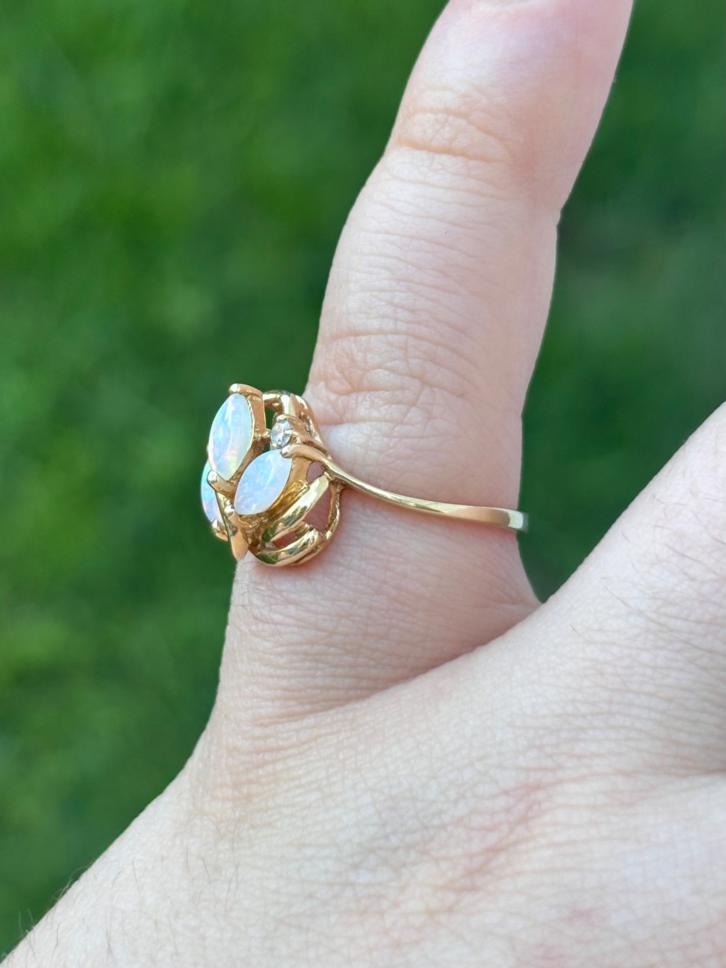 14K Gold Natural Solid Marquise Opal Ring with Diamond Accent