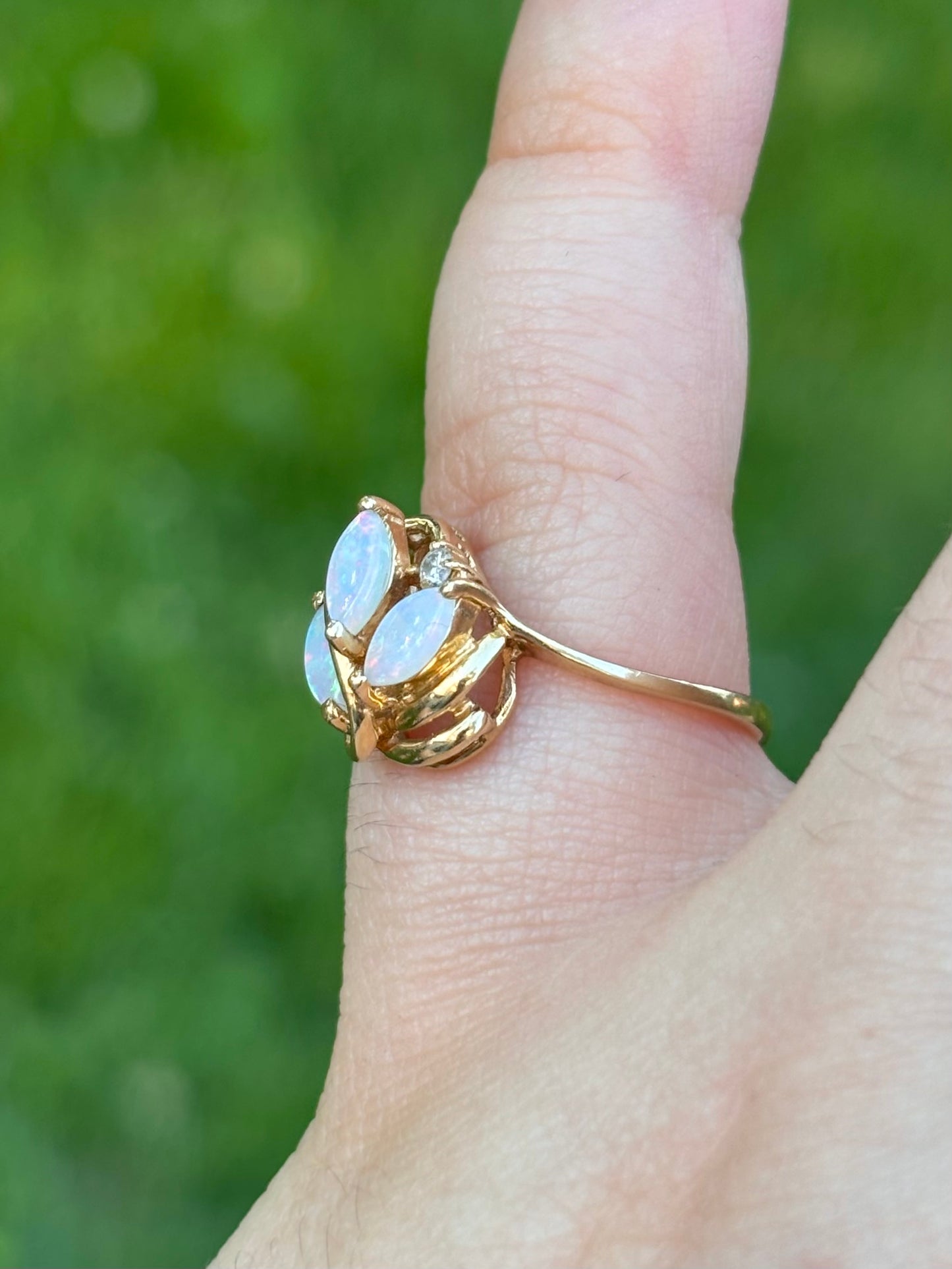 14K Gold Natural Solid Marquise Opal Ring with Diamond Accent