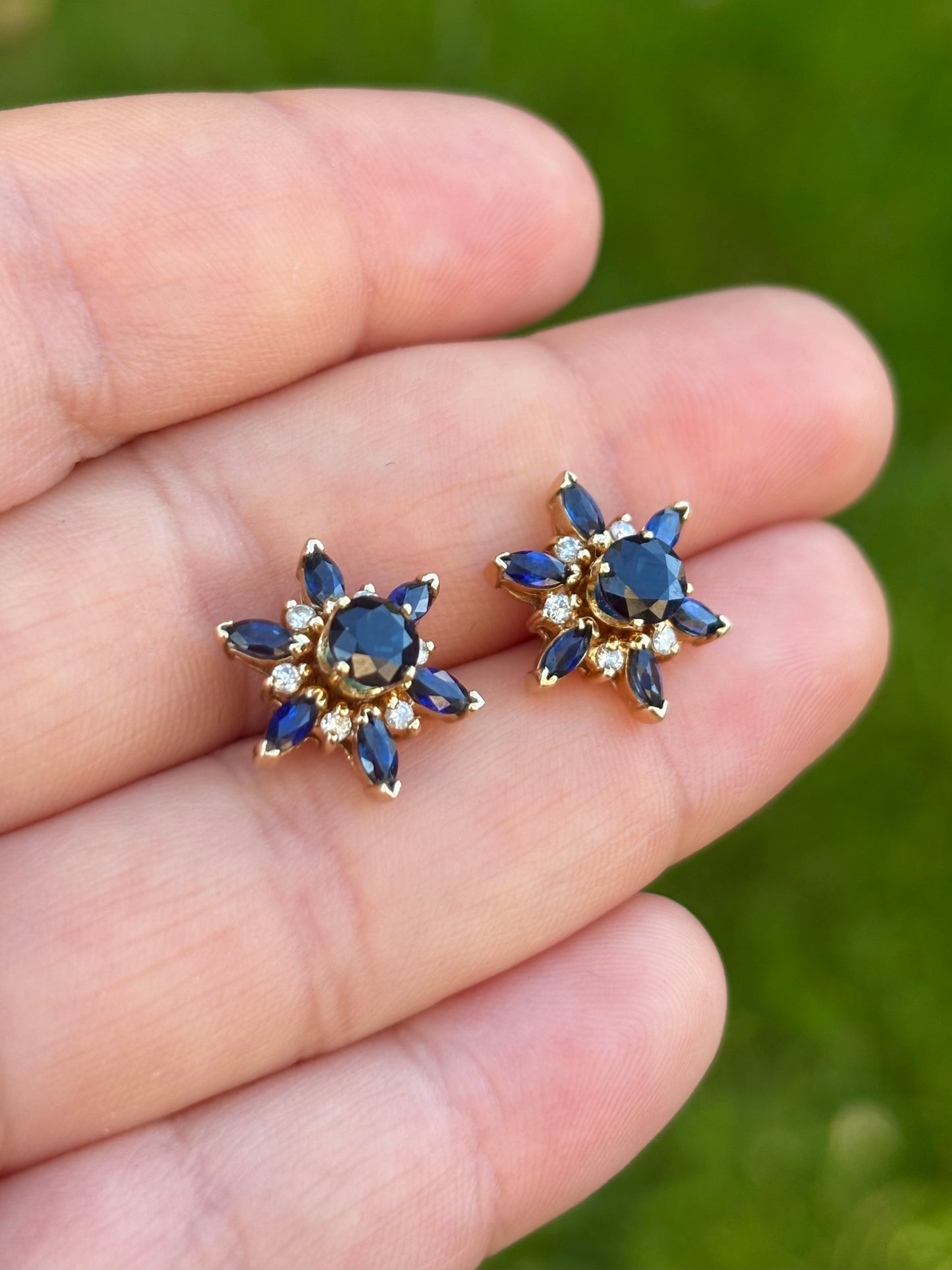 18K Gold Velvety Blue Sapphire Stud Earrings with 14K Diamond & Sapphire Removable Halo Jackets