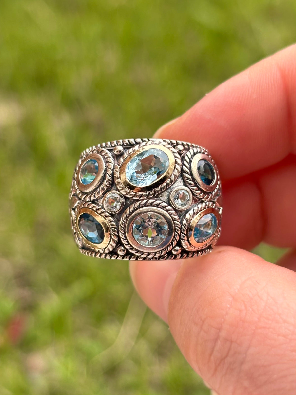 Curata 14K Gold & Sterling Silver Multi Blue Topaz Wide Band Ring