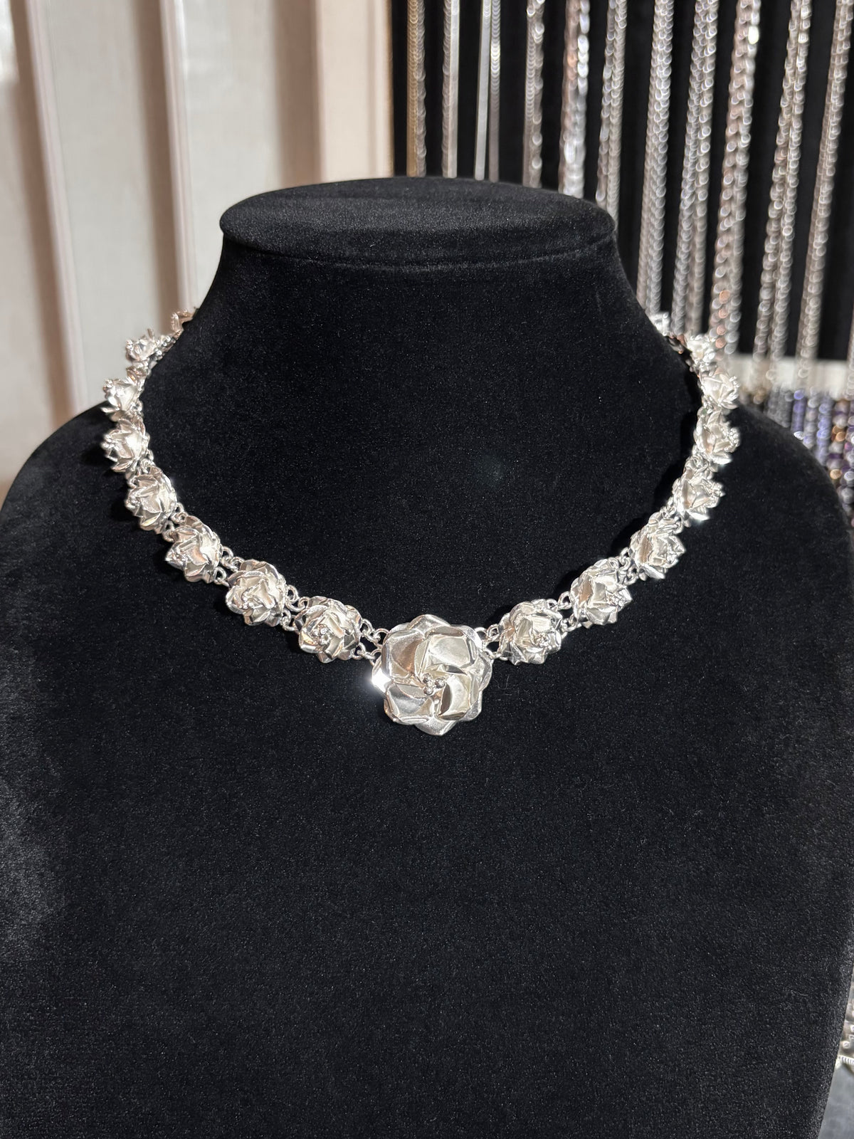 Vintage Mexican Sterling Silver Graduated Rose Necklace